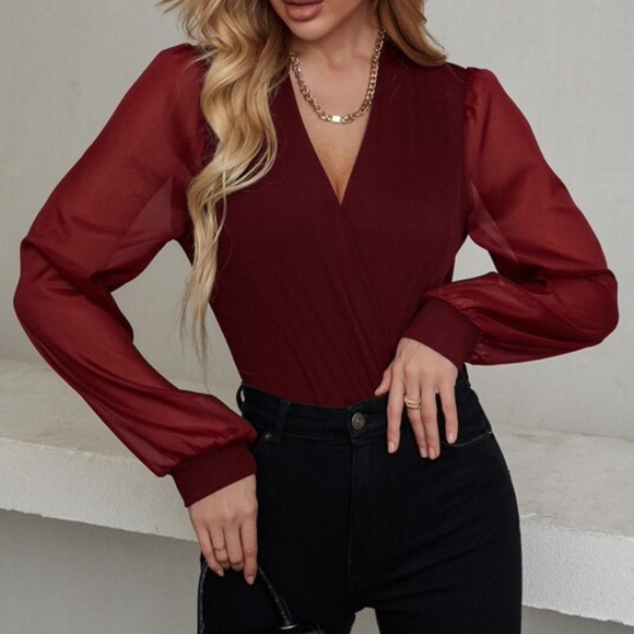 Classic Surplice Sheer Sleeve bodysuit Minimalist - Picture 11 of 13